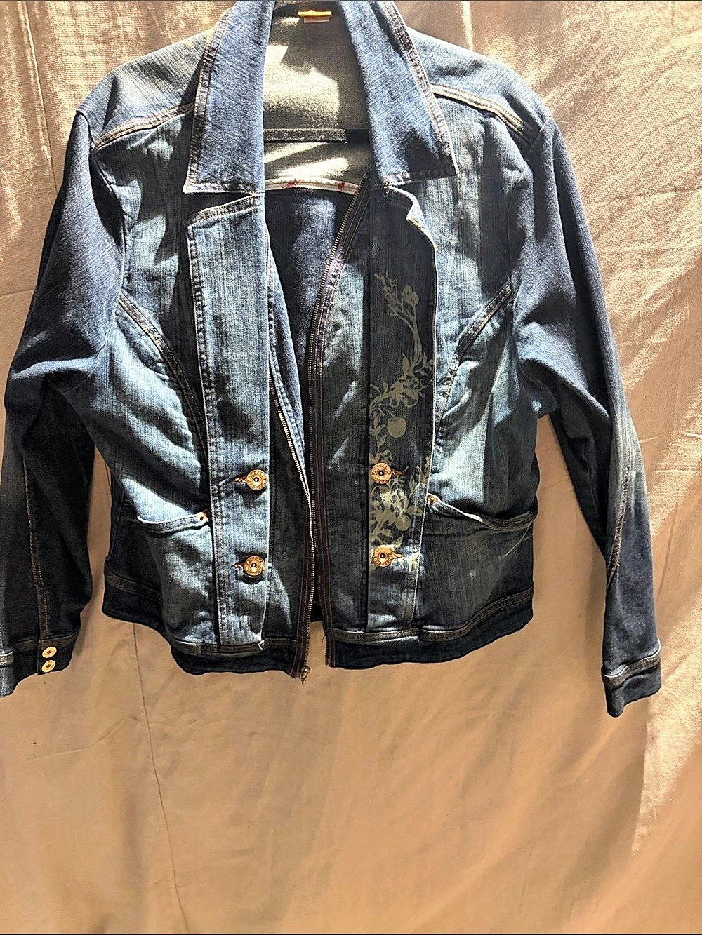 Apple, bottom Embroidered Dragon Denim Jacket in Blue